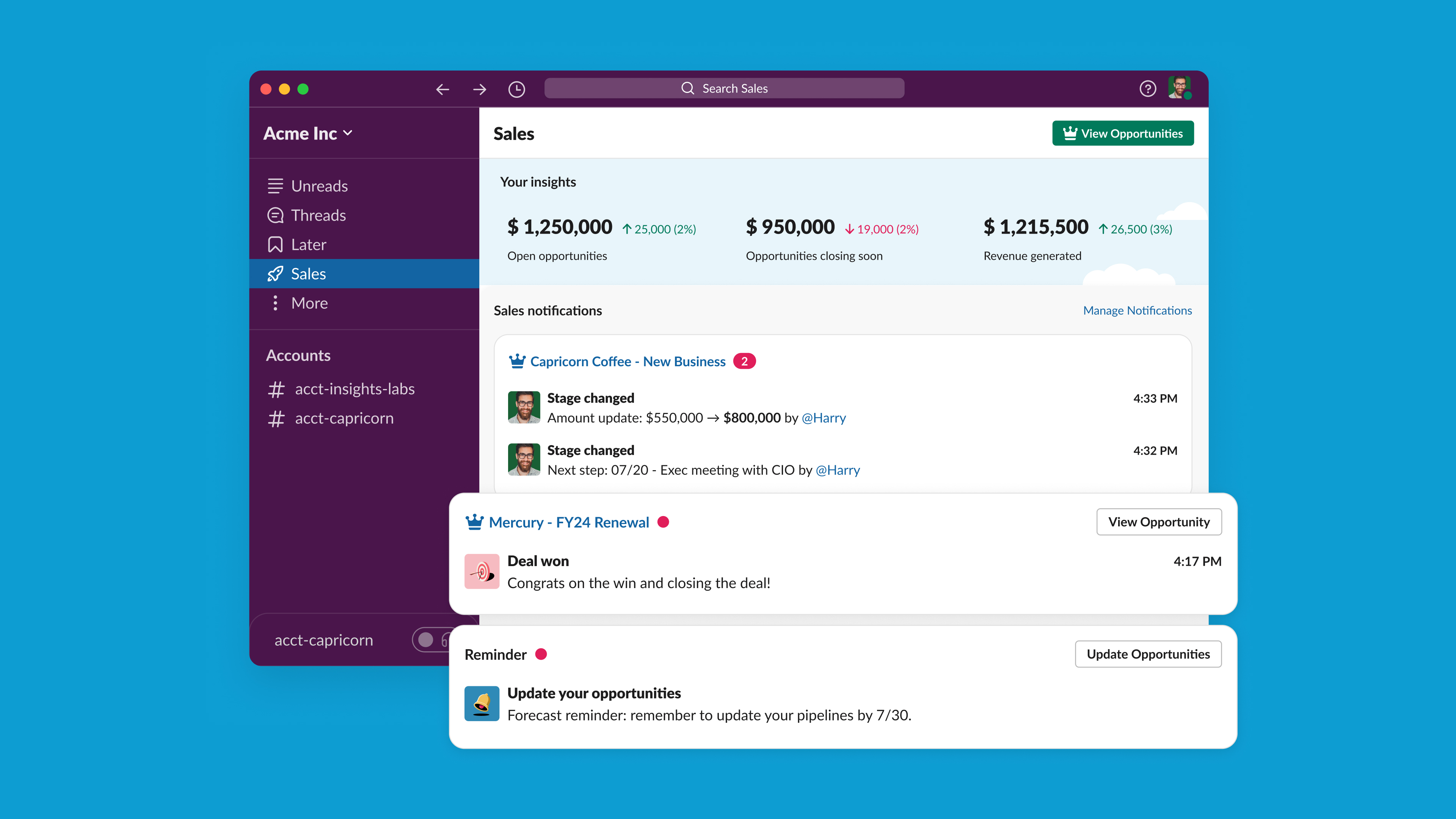 Sales Elevate add-on in Slack desktop app